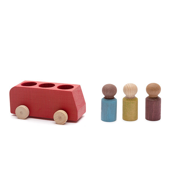 Red Bus Toy Car with 3 Peg People - Lubulona