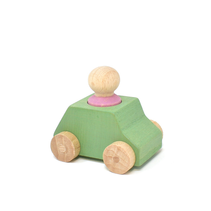 Green Wooden Toy Car with Pink Peg Person- Lubulona