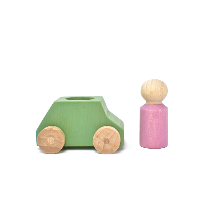 Green Wooden Toy Car with Pink Peg Person- Lubulona