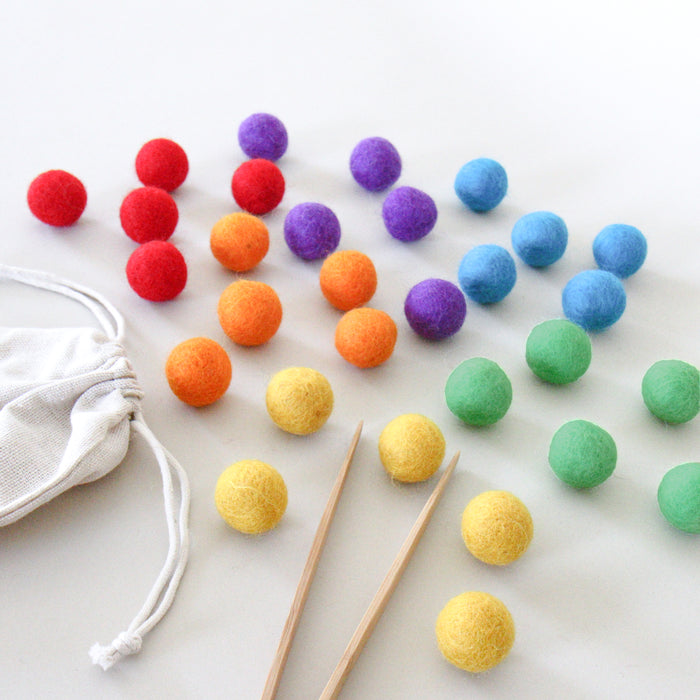 Wool Felt Sensory Balls Kit - 60 Balls, Tongs ,and Scoop - 1 inch size (2 cm)