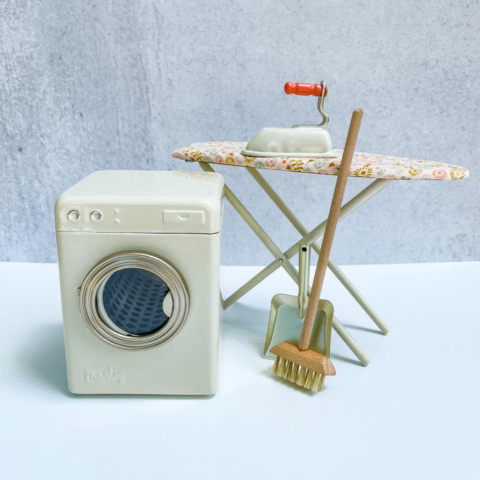 Maileg Laundry Room Set - Miniature Size Washing Machine, Ironing Board, and Broom and dust pan - Maileg