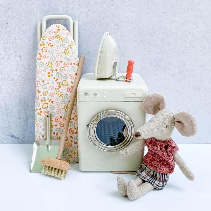Maileg Laundry Room Set - Miniature Size Washing Machine, Ironing Board, and Broom and dust pan - Maileg