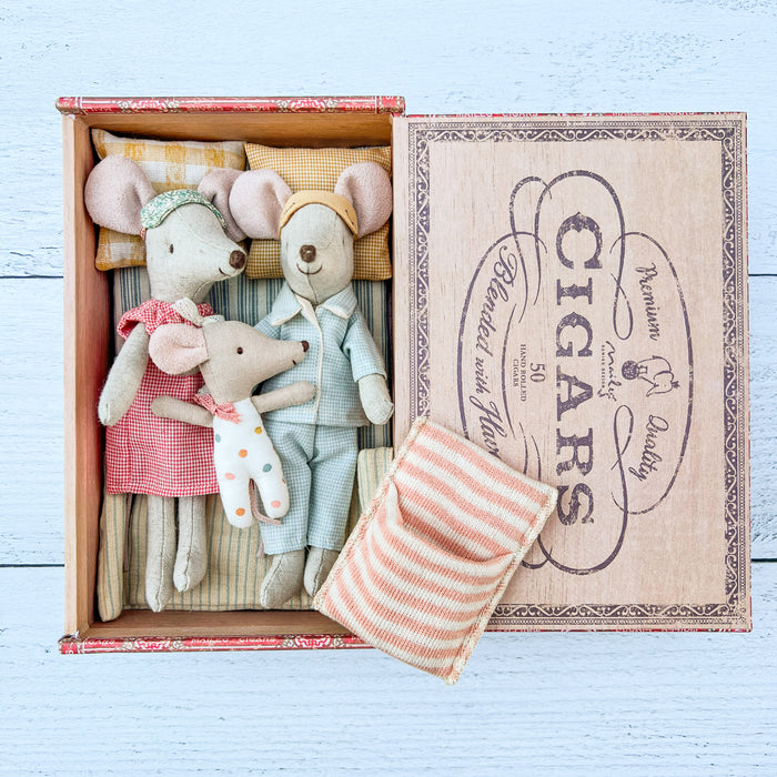 Mom, Dad, & Baby Mouse in a Cigar box – New Parents Set - Maileg Mice Set