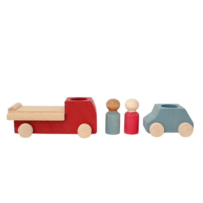 Red Tow Truck with Car with Peg People - Lubulona