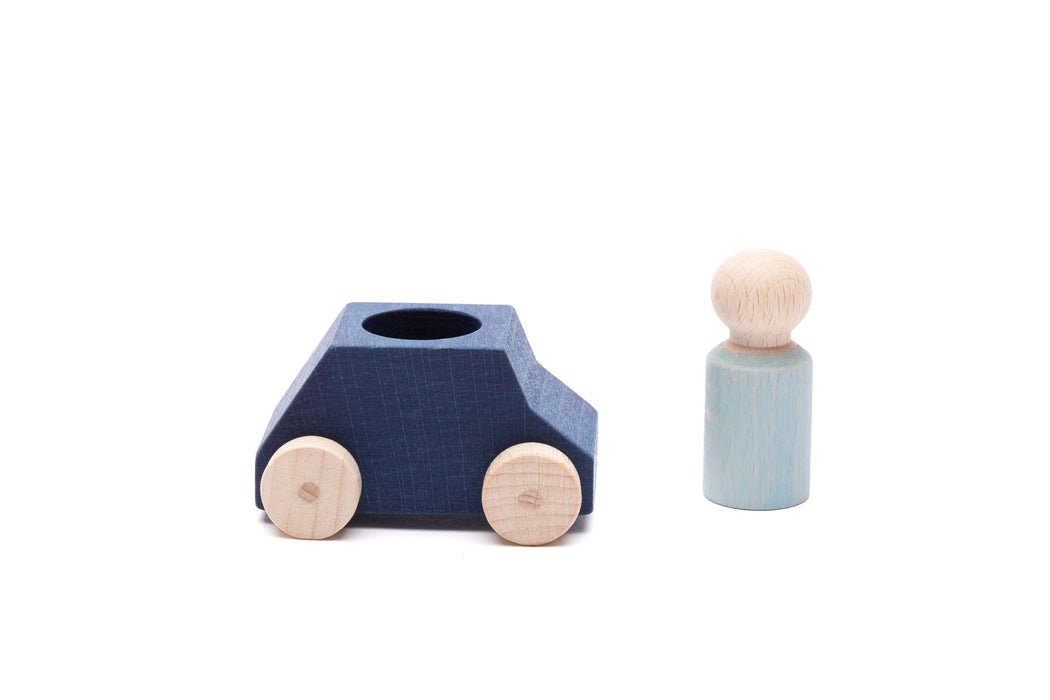 Blue Wooden Toy Car with Gray Peg Person- Lubulona