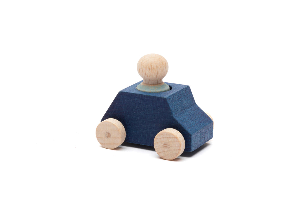Blue Wooden Toy Car with Gray Peg Person- Lubulona