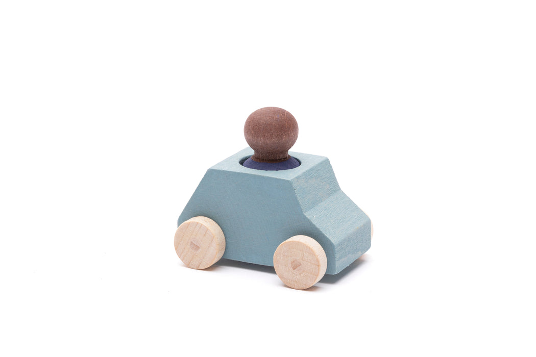 Gray Wooden Toy Car with Blue Peg Person- Lubulona