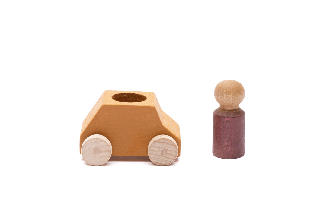 Ochre Wooden Toy Car with Plum Peg Person- Lubulona
