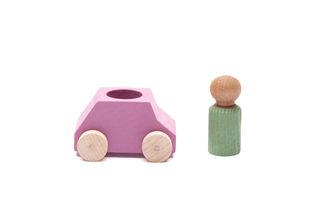 Pink Wooden Toy Car with Green Peg Person - Lubulona