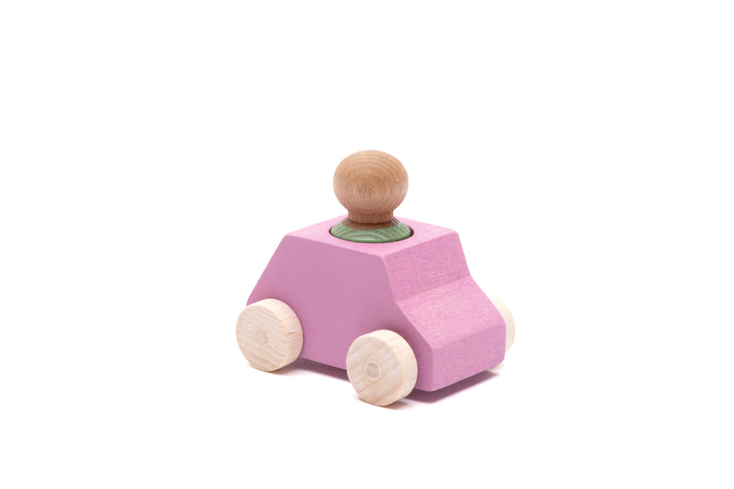 Pink Wooden Toy Car with Green Peg Person - Lubulona