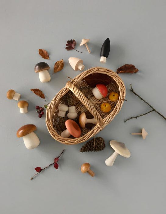 Moon Picnic - Forest Mushrooms Basket - Light Basket - 15 Wooden Mushrooms