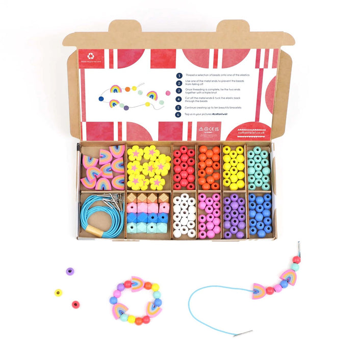 Rainbow & Flowers - Bracelet Making Kit - Wooden Beads - Kids Beading Craft  Kit