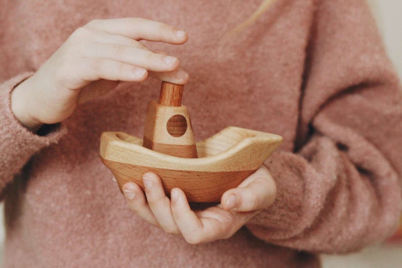 Handcrafted Maple and Beech Ship - Wooden Toy Boat