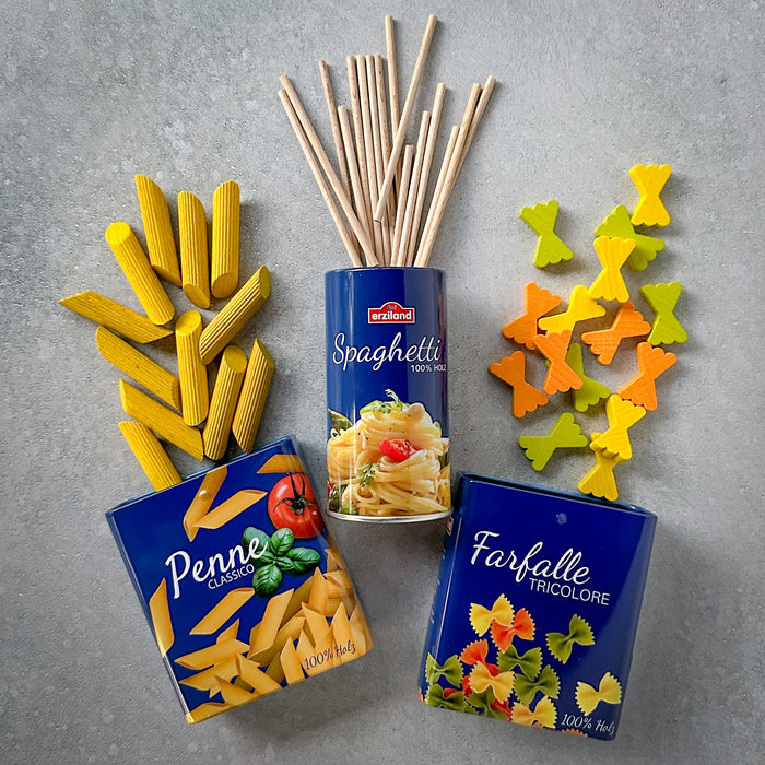 Pasta in A Tin - Penne, Farfalle, & Spaghetti - Play Foods - Erzi