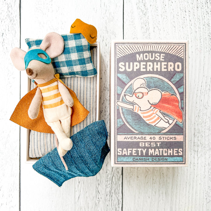 Little Brother Mouse in a Match Box - Superhero Little Mouse - Maileg