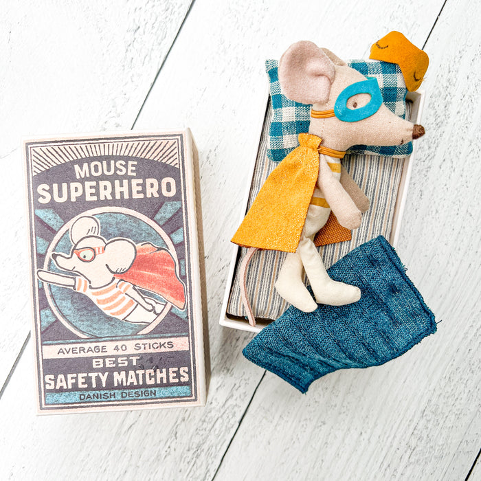 Little Brother Mouse in a Match Box - Superhero Little Mouse - Maileg